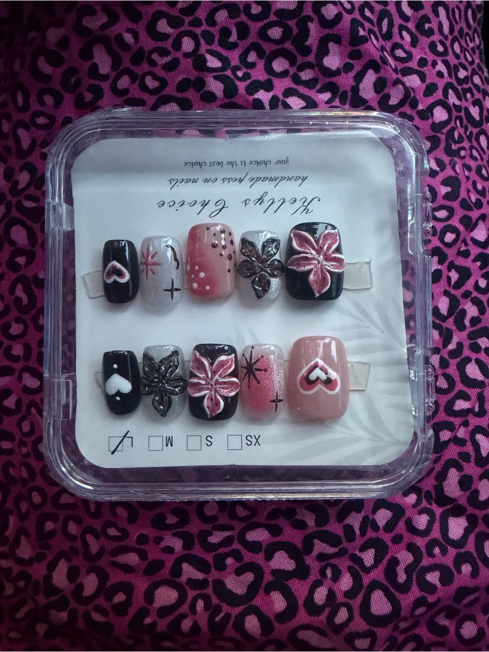 Handcrafted Pink and Black Floral Press-On Nail Set